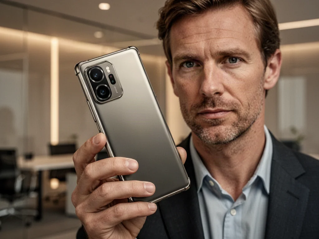 Elegancki smartfon z tytanową ramką i zaawansowanym aparatem trzymany w dłoni na tle nowoczesnego biura.