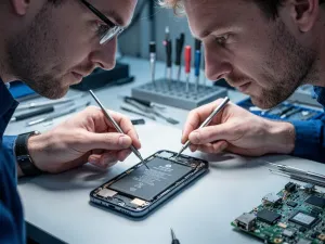 Futurystyczny smartfon na marmurowym biurku, prezentujący nowoczesny design nadchodzącego modelu iPhone.