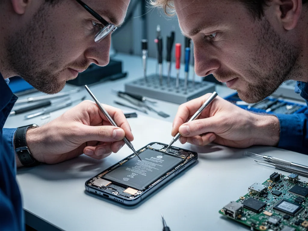 Technik precyzyjnie wymienia baterię wewnątrz nowoczesnego smartfona przy użyciu profesjonalnych narzędzi serwisowych.