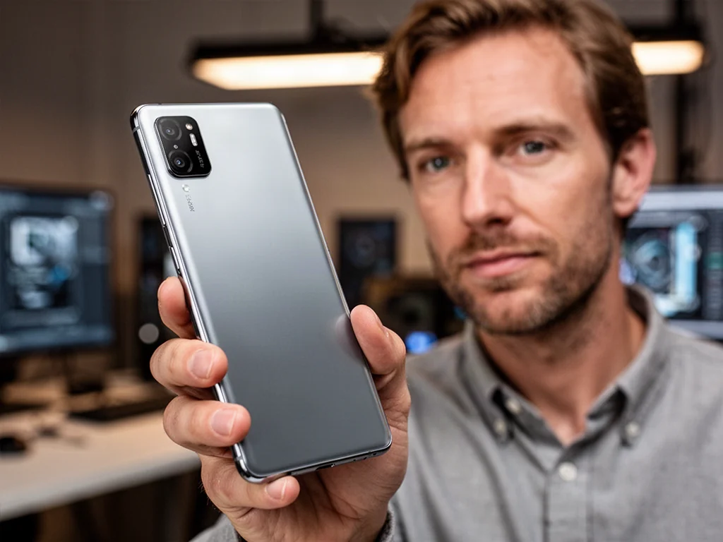 Mężczyzna trzymający w dłoni nowoczesny smartfon o minimalistycznym designie w profesjonalnym biurowym otoczeniu.