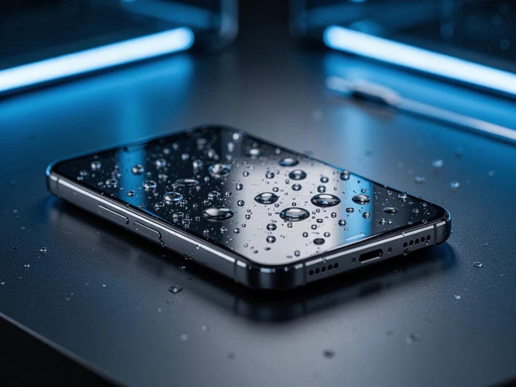 Smartfon z kroplami wody na ekranie, podkreślający odporność urządzenia na zachlapania.