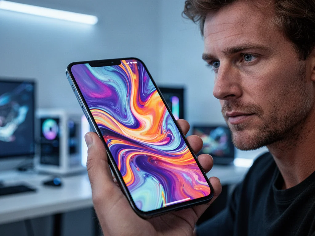Mężczyzna trzymający nowoczesny smartfon z wyraźnym, kolorowym ekranem w minimalistycznym biurze.