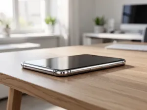 Futurystyczny smartfon na marmurowym biurku, prezentujący nowoczesny design nadchodzącego modelu iPhone.