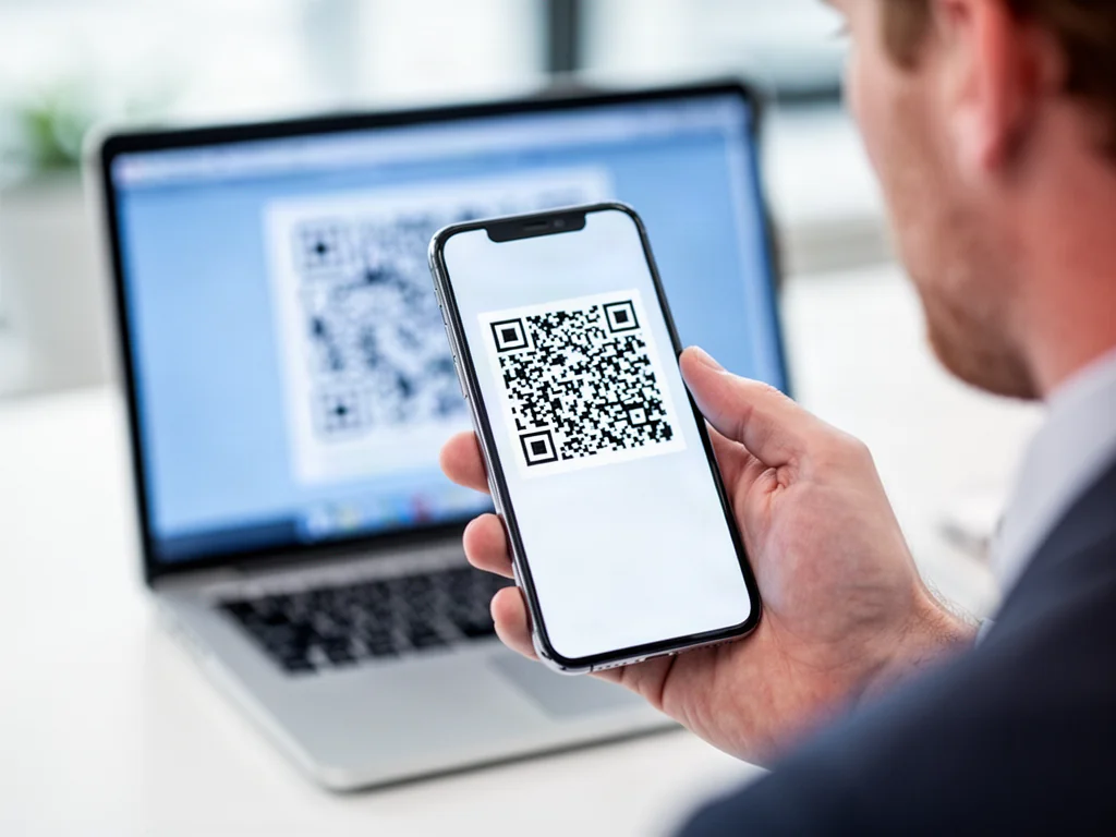 Dłoń trzymająca smartfon skanujący kod QR wyświetlony na ekranie laptopa w jasnym biurze.