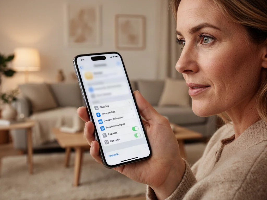Dłoń trzymająca iPhone'a z otwartym menu ustawień w przytulnym, minimalistycznym wnętrzu.