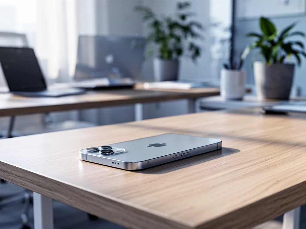 iPhone 13 leżący na minimalistycznym drewnianym biurku w jasnym, słonecznym biurze.