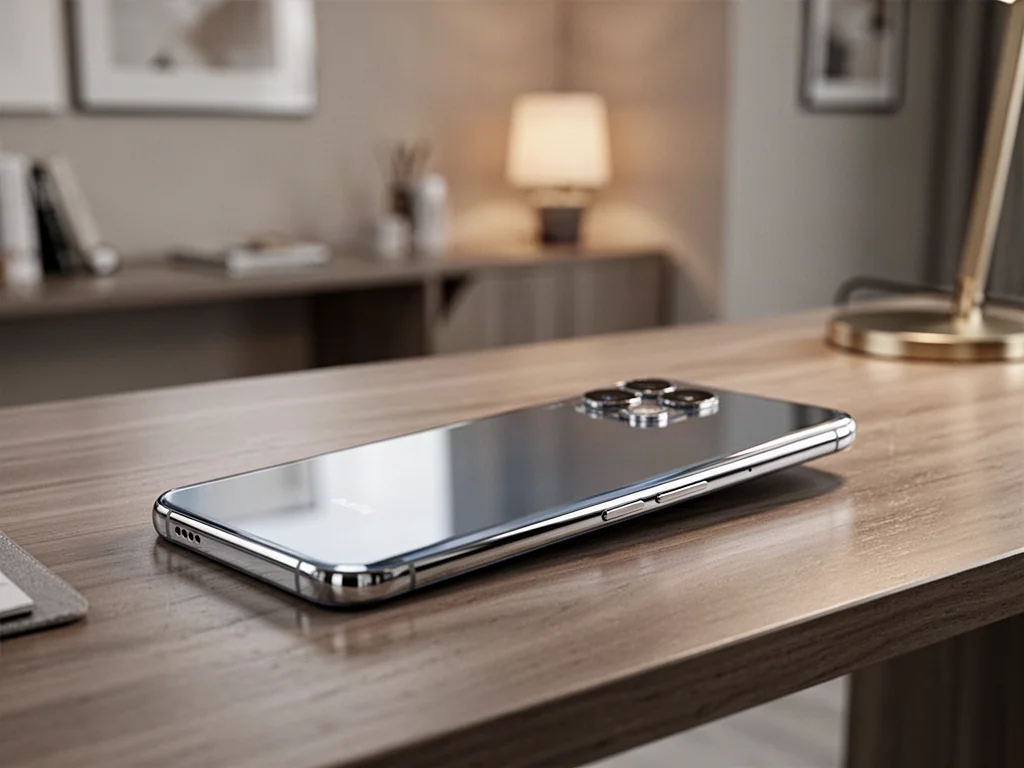 iPhone 12 leżący na drewnianym biurku, ukazujący elegancki design urządzenia oraz moduł podwójnego aparatu.
