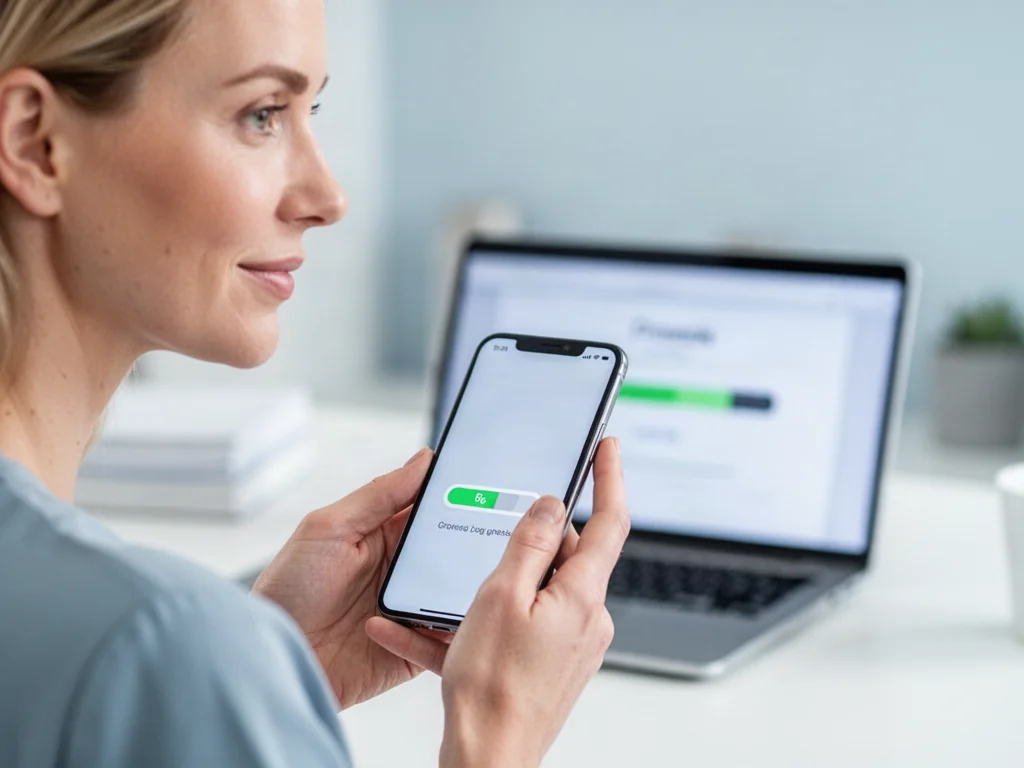Kobieta trzymająca smartfon w jasnym biurze, w tle widoczny pasek postępu na ekranie laptopa symbolizujący tworzenie kopii.