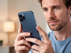 Elegancki iPhone 15 z tytanową obudową leżący na minimalistycznym drewnianym biurku w słonecznym biurze.