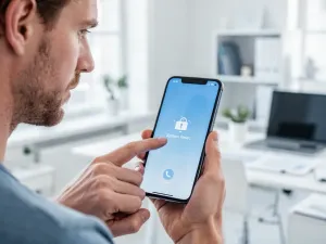 Kobieta zmienia ustawienia tapety na ekranie nowoczesnego smartfona w jasnym, minimalistycznym wnętrzu.