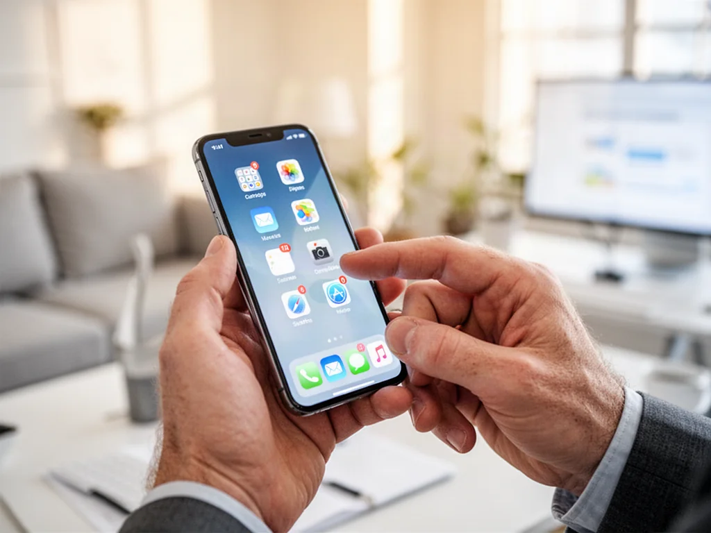 Dłonie trzymające smartfon podczas porządkowania ikon aplikacji na ekranie głównym iPhone'a.