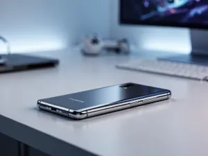 Osoba czyści ekran nowoczesnego smartfona miękką ściereczką z mikrofibry w jasnym domowym biurze.