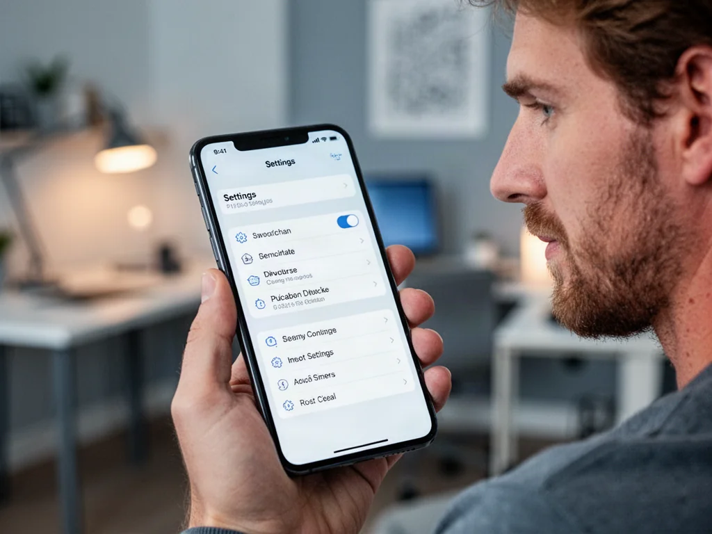 Mężczyzna trzymający smartfon z otwartym menu ustawień, co ilustruje proces konfiguracji prywatności numeru telefonu.