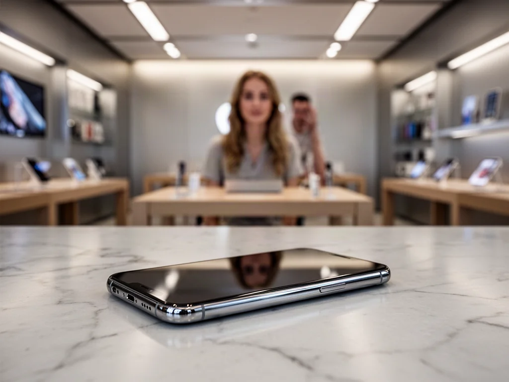 Elegancki iPhone 16 Pro Max na marmurowym blacie w tle wnętrza salonu Apple.
