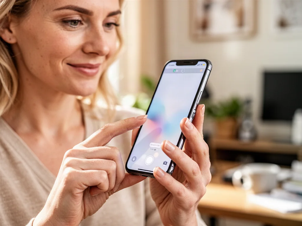 Kobieta trzymająca iPhone'a i naciskająca przyciski boczne w celu wykonania zrzutu ekranu w domowym biurze.