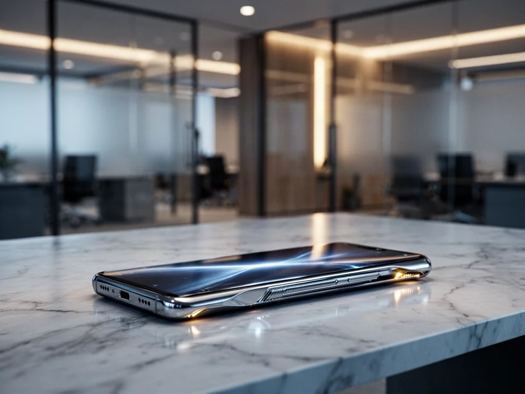 Futurystyczny smartfon na marmurowym biurku, prezentujący nowoczesny design nadchodzącego modelu iPhone.